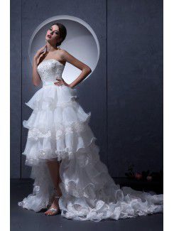 Tulle Strapless Asymmetrical A-line Wedding Dress with Ruffle and Embroidered