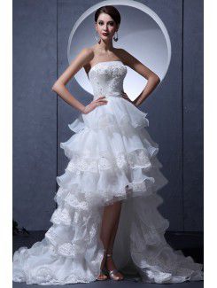 Tulle Strapless Asymmetrical A-line Wedding Dress with Ruffle and Embroidered
