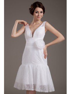 Lace V-Neckline Knee-Length A-line Wedding Dress with Flower