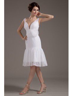 Lace V-Neckline Knee-Length A-line Wedding Dress with Flower