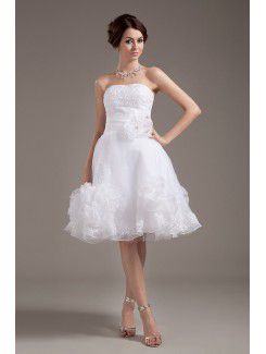 Vestido de novia de una línea de la rodilla-longitud sin tirantes de tul