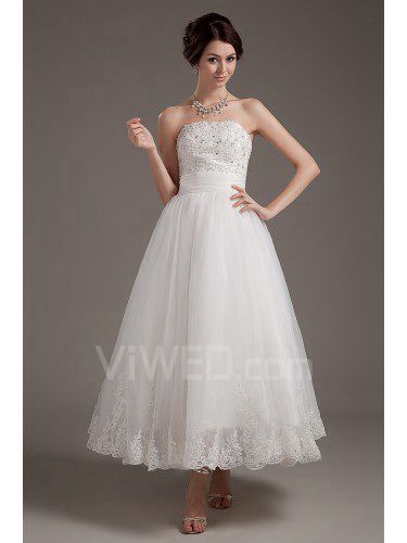 Satin and Tulle Strapless Tea-Length A-line Wedding Dress with Embroidered