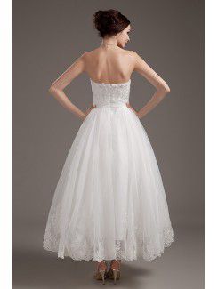 Satin and Tulle Strapless Tea-Length A-line Wedding Dress with Embroidered