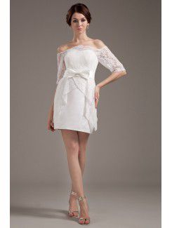 Cetim e renda off-the-ombro mini vestido de casamento bainha com meia manga