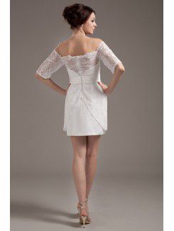 Satin and Lace Off-the-Shoulder Mini Sheath Wedding Dress with Half-Sleeves