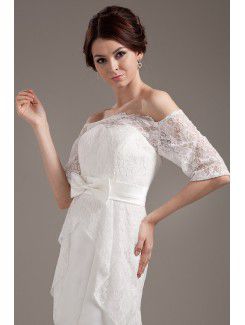 Satin and Lace Off-the-Shoulder Mini Sheath Wedding Dress with Half-Sleeves