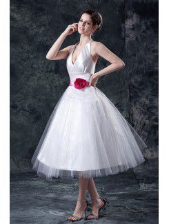 Taffeta and Tulle V-Neckline Tea-Length Ball Gown Wedding Dress with Flower