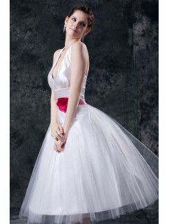 Taffeta and Tulle V-Neckline Tea-Length Ball Gown Wedding Dress with Flower