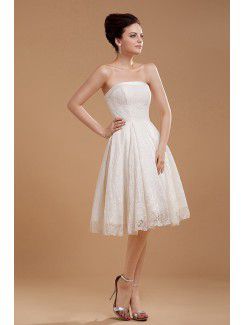 Satin and Lace Strapless Knee-Length A-line Wedding Dress with Embroidered
