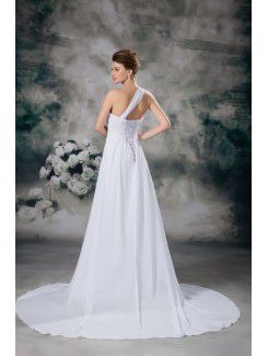 Chiffon One-Shoulder Sweep Train A-line Wedding Dress