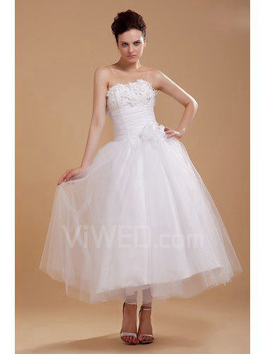 Tyll og satin stroppeløs te-lengde ball kjole brudekjole med embroideredd