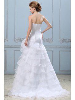 Satin and Organza Strapless Asymmetrical A-line Wedding Dress with Embroidered