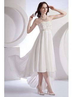 Chiffon and Satin Strapless Asymmetrical Column Wedding Dress with Embroidered and Ruffle