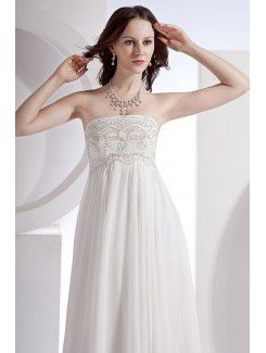 Chiffon and Satin Strapless Asymmetrical Column Wedding Dress with Embroidered and Ruffle