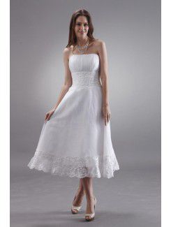 Szyfonu bez ramiączek tea-długość-line suknia ślubna z haftowane