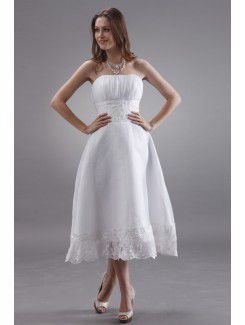 Chiffon Strapless Tea-Length A-line Wedding Dress with Embroidered
