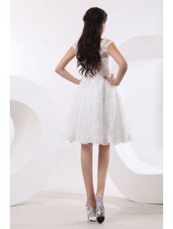 Satin and Tulle V-Neck Knee-Length A-line Wedding Dress with Embroidered