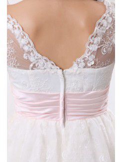 Satin and Tulle V-Neck Knee-Length A-line Wedding Dress with Embroidered