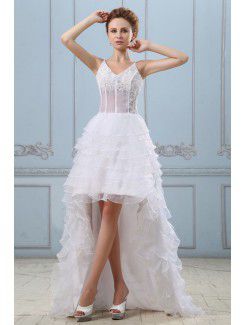 Gauze V-Neckline Asymmetrical A-line Wedding Dress with Embroidered