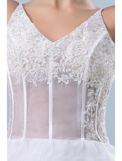 Gauze V-Neckline Asymmetrical A-line Wedding Dress with Embroidered