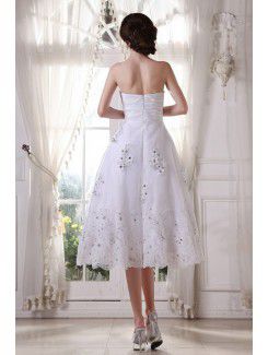 Satin and Tulle Sweetheart Tea-Length A-Line Wedding Dress with Embroidered