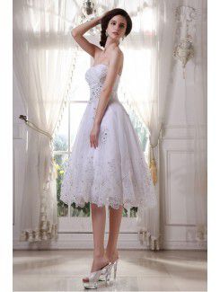 Satin and Tulle Sweetheart Tea-Length A-Line Wedding Dress with Embroidered