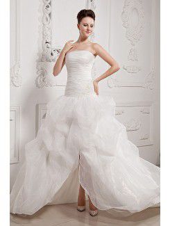 Tulle Strapless Asymmetrical Ball Gown Wedding Dress with Embroidered and Ruffle