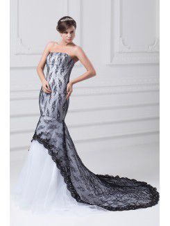 Satin and Lace Strapless Floor Length Mermaid Wedding Dress