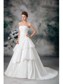 Satin Strapless Sweep Train A-line Embroidered Wedding Dress