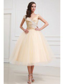 Taffeta and Tulle V-Neckline Tea-Length Ball Gown Wedding Dress with Embroidered