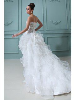 Satin Strapless Asymmetrical Ball Gown Wedding Dress with Embroidered and Ruffle