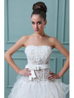 Satin Strapless Asymmetrical Ball Gown Wedding Dress with Embroidered and Ruffle