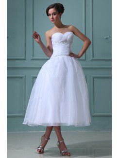 Tulle and Satin Sweetheart Tea-Length Ball Gown Wedding Dress