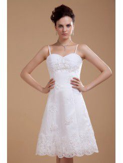 Satin and Lace Spaghetti Straps Knee-length A-line Wedding Dress with Embroidered