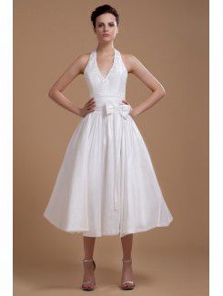 Satin Halter Tea-Length A-line Wedding Dress with Bow