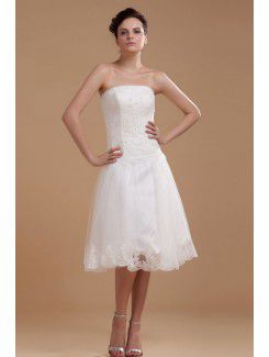 Satyna i organza bez ramiączek do kolan-line suknia ślubna