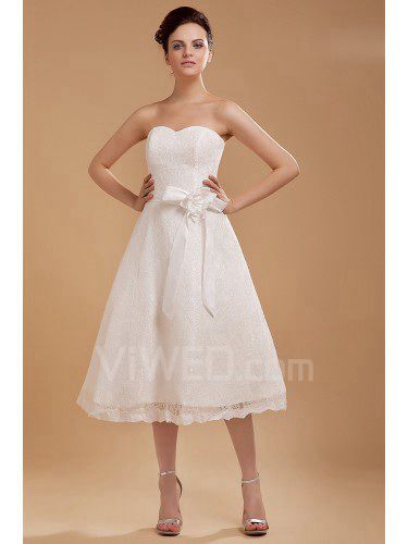 Satin and Lace Sweetheart Tea-Length A-line Wedding Dress with Hand-made Flower