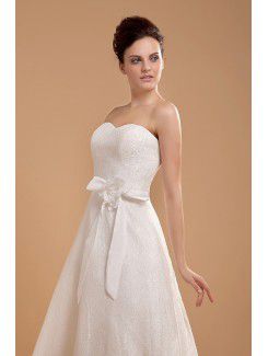 Satin and Lace Sweetheart Tea-Length A-line Wedding Dress with Hand-made Flower