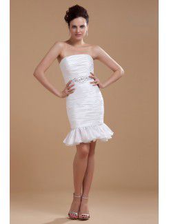 Tafetá strapless curto vestido de noiva bainha com plissado