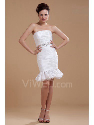 Tafetá strapless curto vestido de noiva bainha com plissado