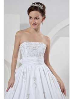 Satin Strapless Court Train Ball Gown Wedding Dress with Embroidered