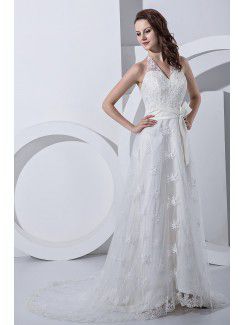 Satin and Lace V-Neckline Court Train A-Line Wedding Dress