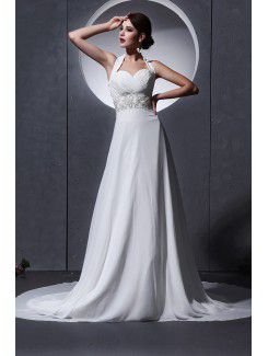 Chiffon Halter Chapel Train A-Line Wedding Dress with Pleat and Beading