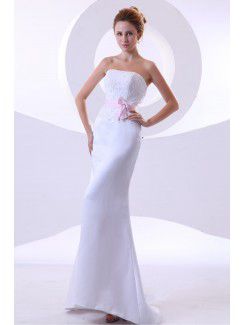Satin Strapless Sweep Train Sheath Wedding Dress with Embroidered