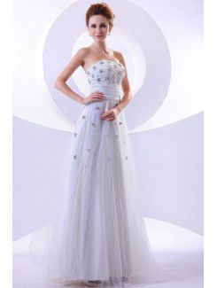 Satin and Tulle Strapless Floor Length A-line Wedding Dress