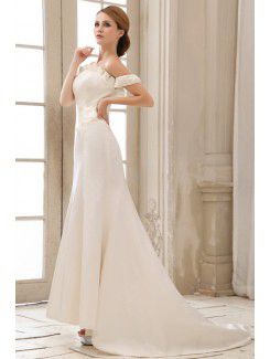 Satin Off-the-Shoulder Cathedral Train Sheath Wedding Dress with Pleated