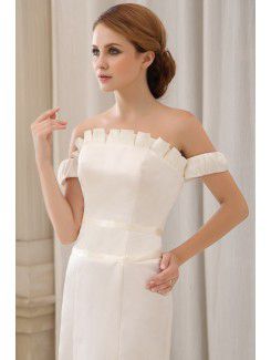 Satin Off-the-Shoulder Cathedral Train Sheath Wedding Dress with Pleated