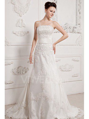 Satin and Lace Strapless Court Train A-line Wedding Dress