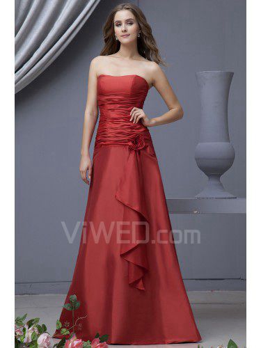 Satin Strapless Floor Length A-line Bridesmaid Dress with Hand-made Flower