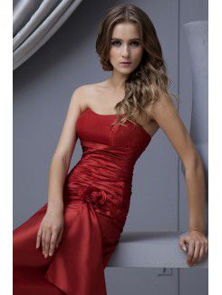 Satin Strapless Floor Length A-line Bridesmaid Dress with Hand-made Flower